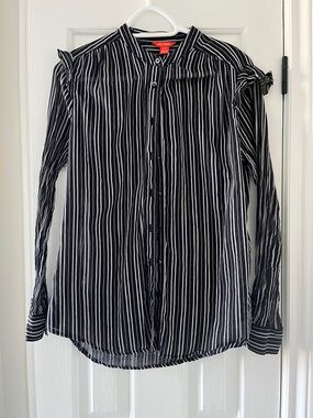 Black & White Vertical Stripe Button-Up Shirt with Ruffled Shouldercap